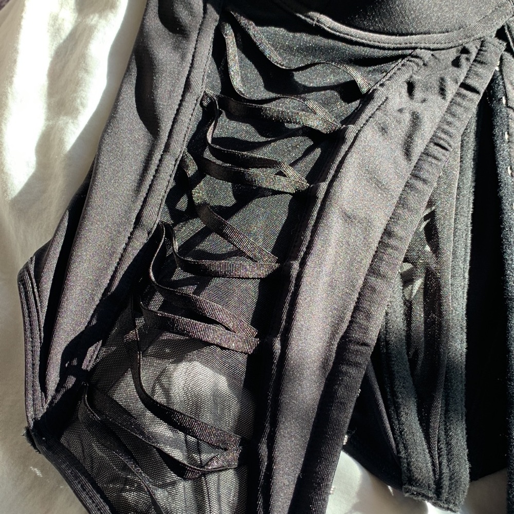 Vintage 90's black push up underwire lace up boned corset bustier top L - Picture 7 of 15